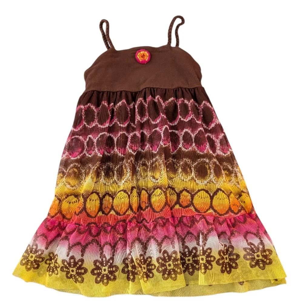 Y2K The Children's Place‎ Brown and Pink Floral Groovy Print Girls Dress 4T